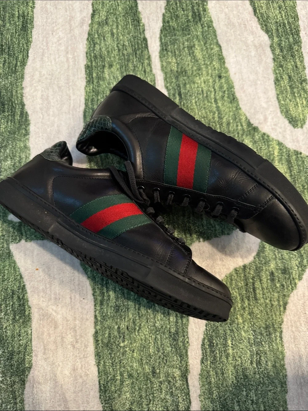 Gucci Black Leather Sneakers with Green and Red Web Stripe